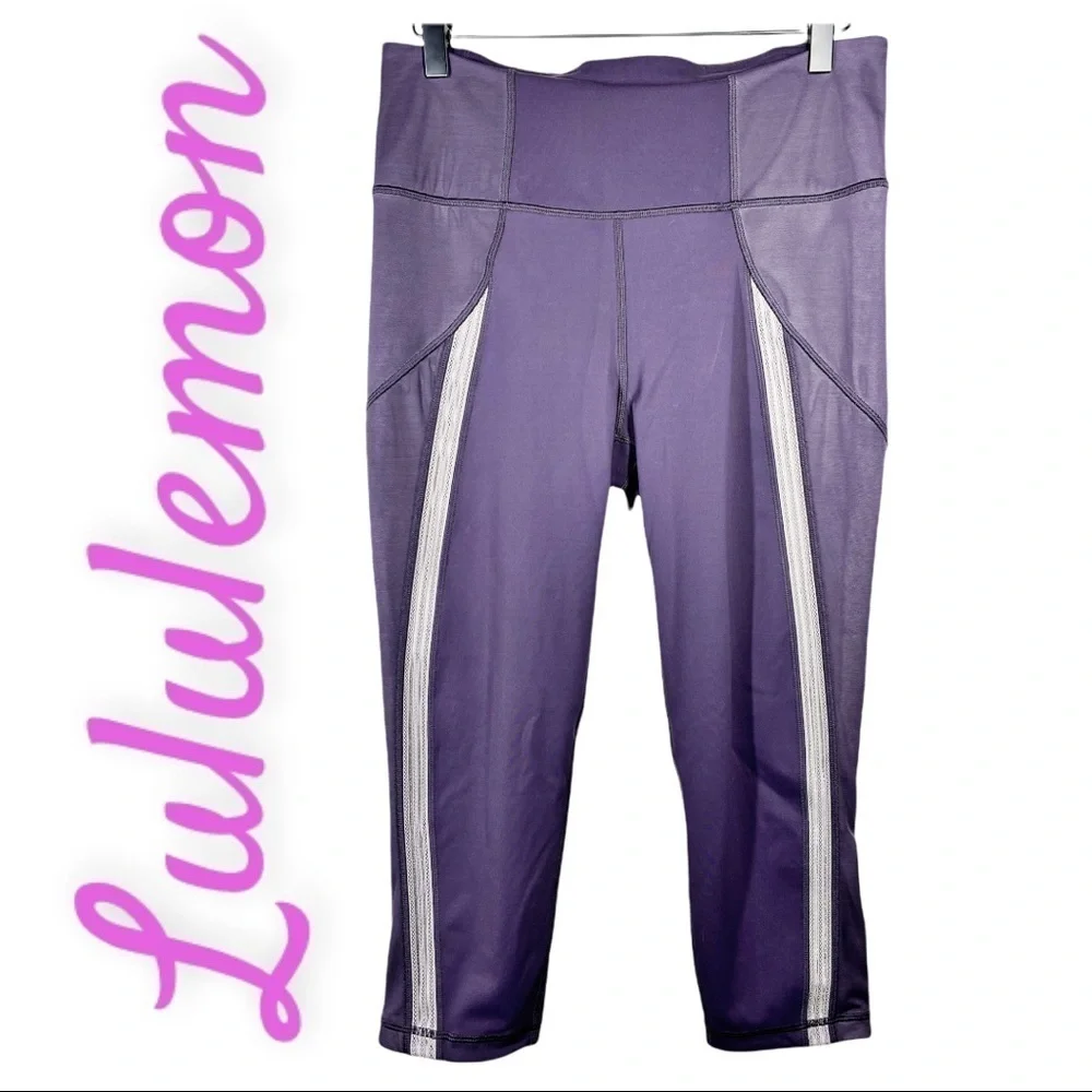 LULULEMON‎ CYBER DARK CHROME PRUPLE POWER LINES CROPPED LEGGINGS YOGA RUNNING 10